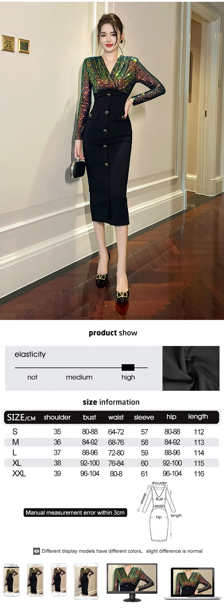 Luxury Elegant Annual Party Dress Women French Colorful Sequins Black Bodycon Single Breasted Robe Femme Banquet Prom Vestidos