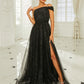 Missord Elegant Black Dot Tutu Evening Dress Women Off Shoulder Sleeveless A-line Thigh Split Party Dresses Long Prom Ball Gown