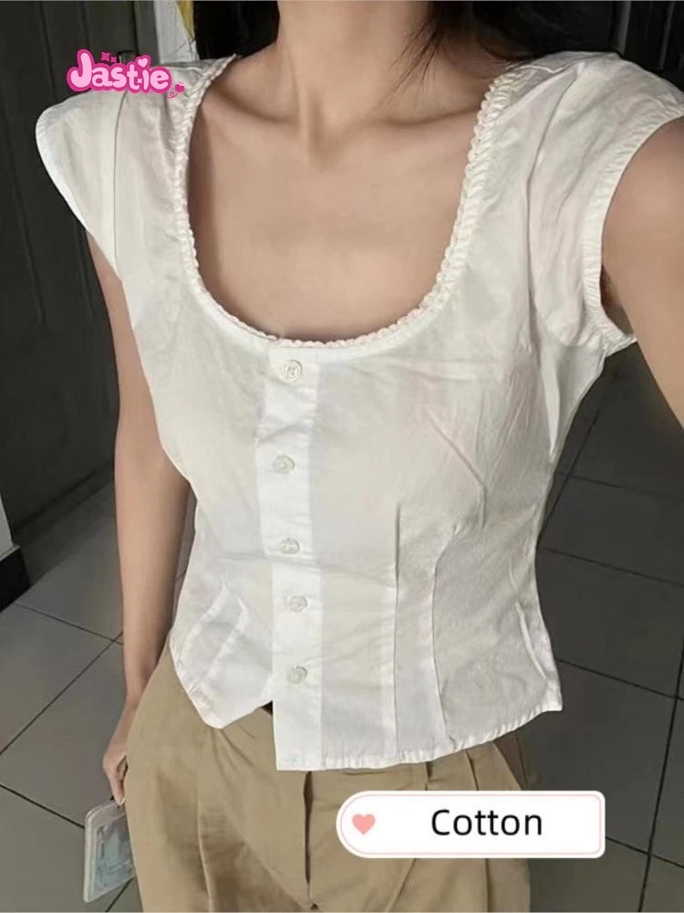 2024 New White Lace Tied Square Neck Summer T-shirts Chic Elegant Short Sleeve Tee Cotton Y2K Street Casual Bow Tie-up Top Women