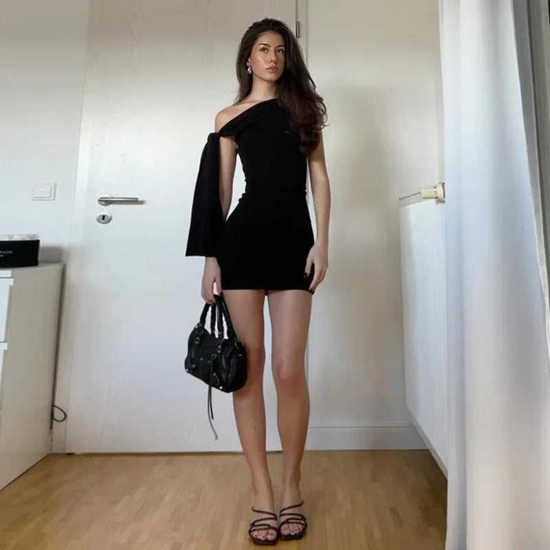 Talenza Black One Shoulder Mini Dress Fashion Hot Girls Sexy Sleeveless Patchwork Bandage Short Dresses Women New Tight Dresses