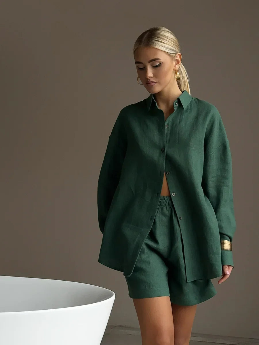 Wolfeel Women's Casual Shorts Sets 100% Cotton Solid Color Cozy Lapel Long Sleeve Shirt Summer New Elastic Waist Shorts Suits