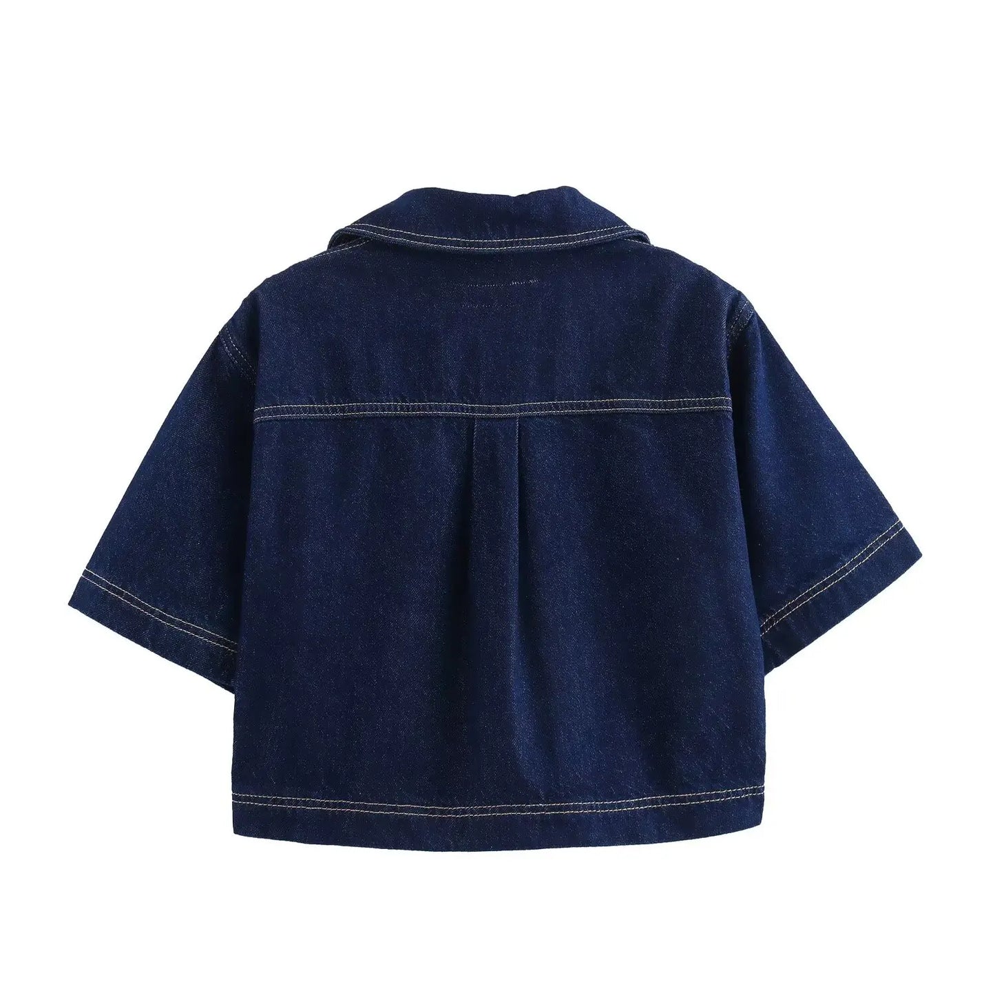 TRAFZA Summer Women Suits Denim Blue Turn-Down Collar Short Sleeves Pocket Decoration Shirts+Mid Waist Asymmetrical Shorts