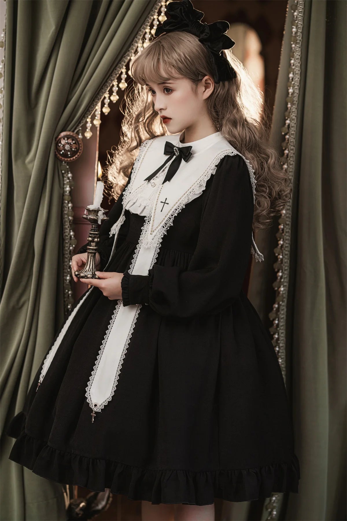Contract Color Lolita Dress for Women Gothic Style Dark Girl Japanese Retro Op Dress Autumn and Winter Long Sleeve Black Dress