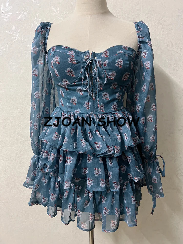 2022 Women Sexy Cross Bandage Black Flower Print Puff Long Sleeve Dress 3 layer Wood Ears Ruffles Hem Cake Mini Holiday Robe