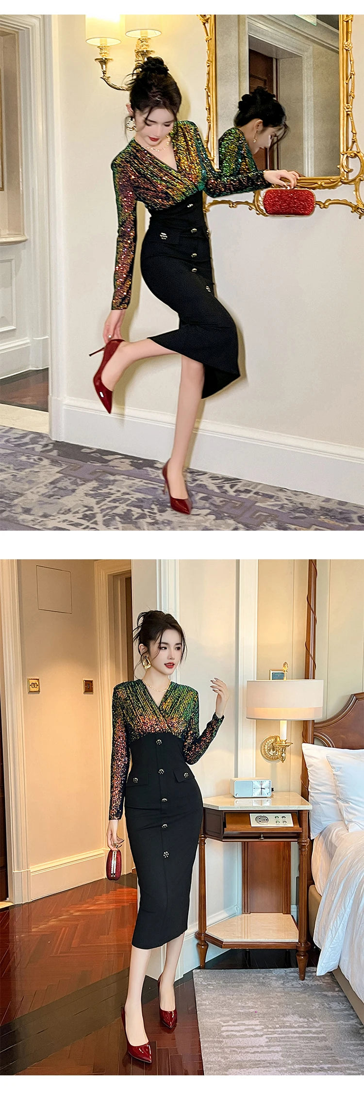 Luxury Elegant Annual Party Dress Women French Colorful Sequins Black Bodycon Single Breasted Robe Femme Banquet Prom Vestidos
