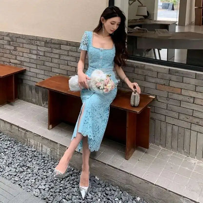 JAMERARY Brand Designer Summer Black Lace Evening Prom Dress Women Diamond Button Short Sleeve Midi Long Party Vestidos Quality