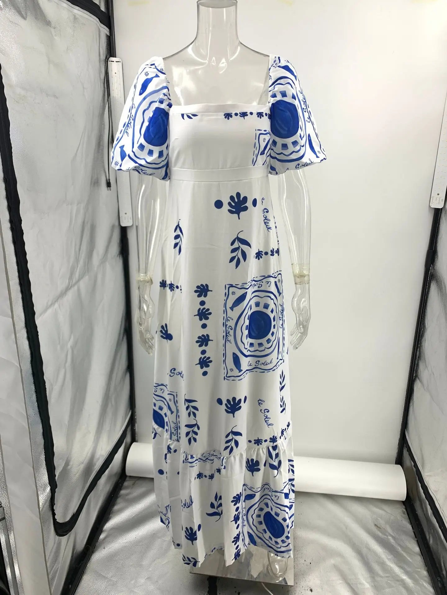 Fashion Square Collar Printed Long Dress Women Elegant Casual Short Puff Sleeved Dresses 2024 Summer Chic Female Vacation Robes