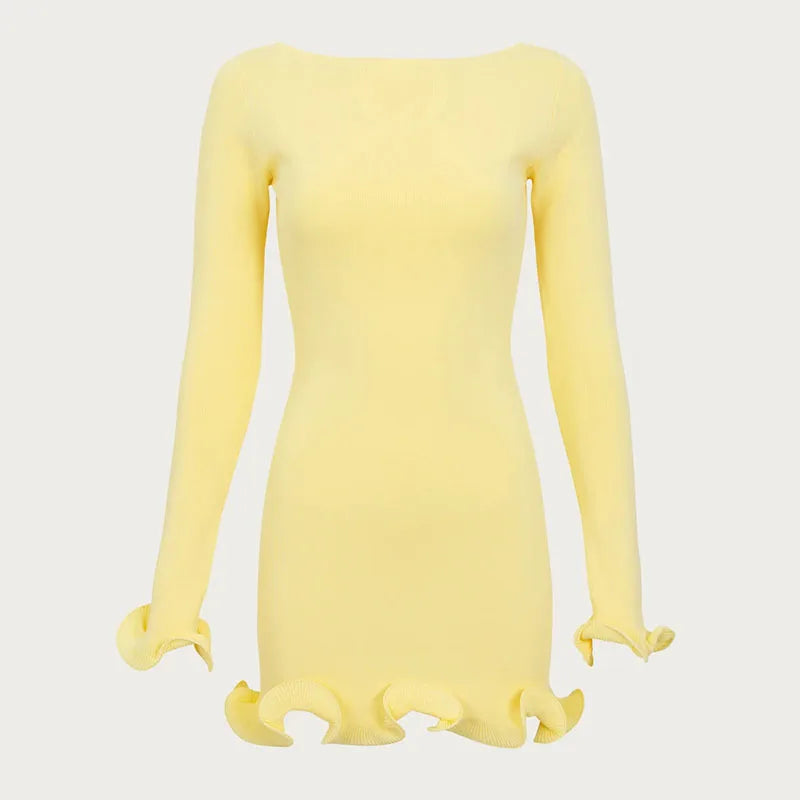 TARUXY Spring New Knitted Mini Dress For Women Fungus Contrast Color Slim Sweater Dress Elegant Female Party Clothes Long Sleeve