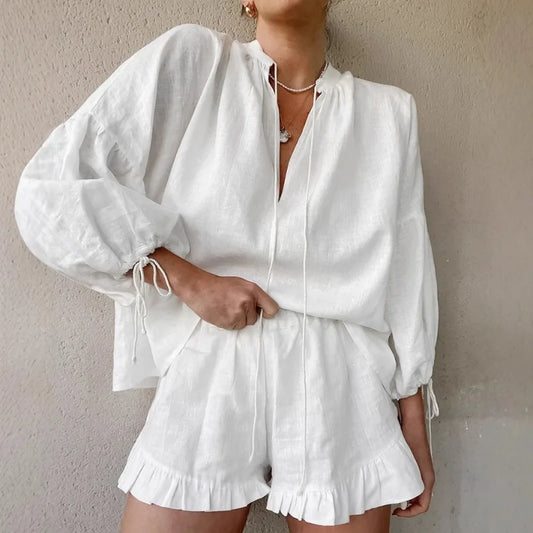 Tuularose White V-neck Shorts Set 2025 Summer Patchwork Lacing Cotton Linen Loose Women Two Piece Casual Solid Long Sleeve Suit