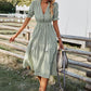 Women's Causal Striped Tassel Medium Long Dress V Neck Button Short Sleeve Spring Summer Dress