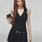 Summer Women Fashion Mini Halter Party Pleated Dress A-line Backless Black Striped V Neck Frocks Sexy Gyaru Y2k Streetwear Prom