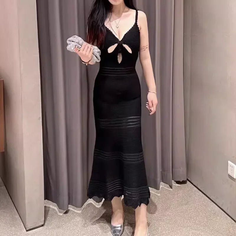 Black Spaghetti Strap Mermaid Dress Women's 2024 New Hollow Out Knitted Slim Mid-Calf Dresses