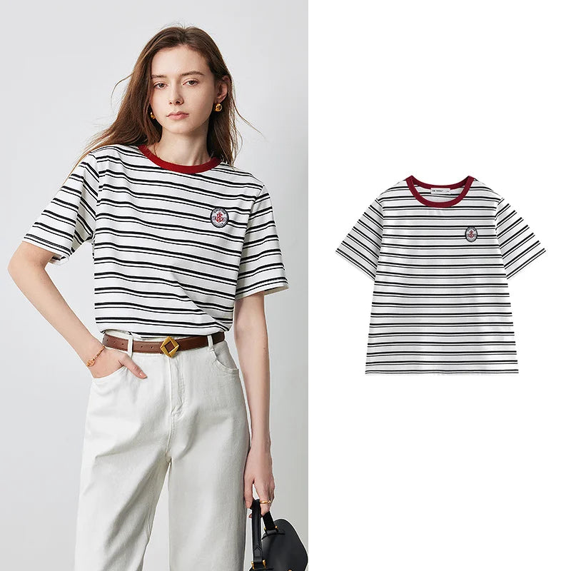TOYOUTH Women Striped Short Sleeved T-shirt 2024 Summer New Academy Style Round Neck Top