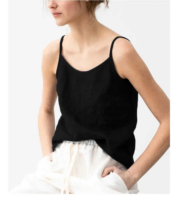 Pure Color Cotton Linen Sleeveless V-Neck Women's Tank Top Loose Fit Simple Style Outerwear Casual Comfortable Vest