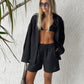 Wolfeel Women's Casual Shorts Sets 100% Cotton Solid Color Cozy Lapel Long Sleeve Shirt Summer New Elastic Waist Shorts Suits
