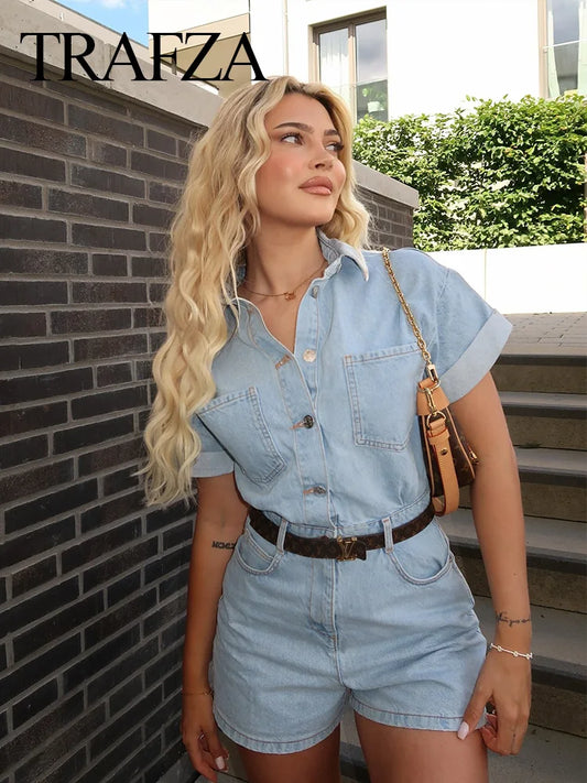 TRAFZA Fashion Denim Jumpsuit For Women Solid Color Short Sleeves Lapel With Pockets Buttons Vintage Onesies 2024 Summer