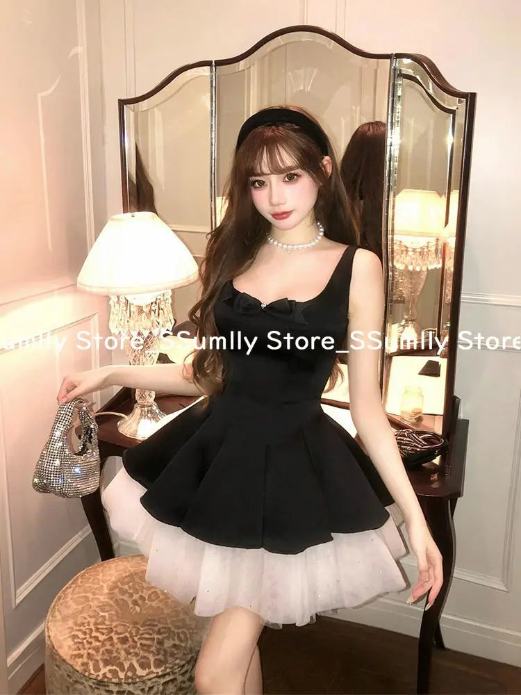 French Elegant Princess Style Slim Dress Women Mesh Black White Contrasting Puffy Dresses Summer Hepburn Chic Party Clothes 2025
