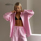 Bornladies Cotton Casual Pants Sets Women's Solid Color Cozy Lapel Long Sleeve Shirt Summer Outfit Elastic Waist Pants Suits