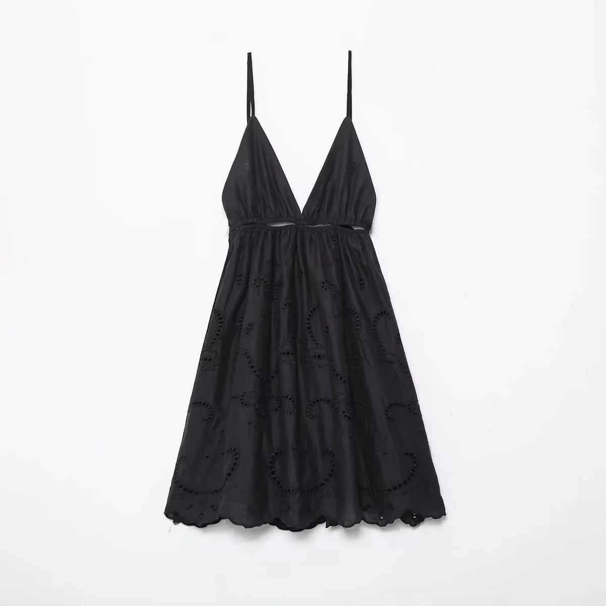 XNWMNZ 2024 Women Fashion Hollow out Embroidery Dress Vacation V-Neck Thin Strap Open Back Female Chic Mini Dresses