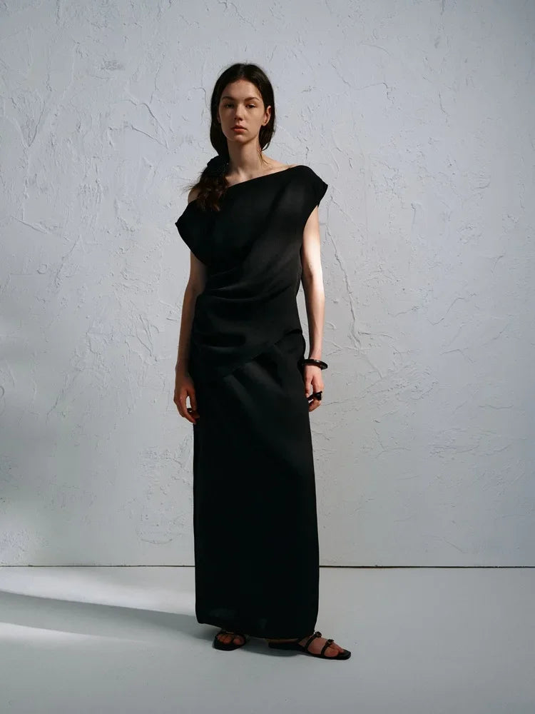 Elegant High-Waisted A- Line Skirt For Women Summer Commuting Long Dress Textile Song WhiteDrapedSideSlitLongDress