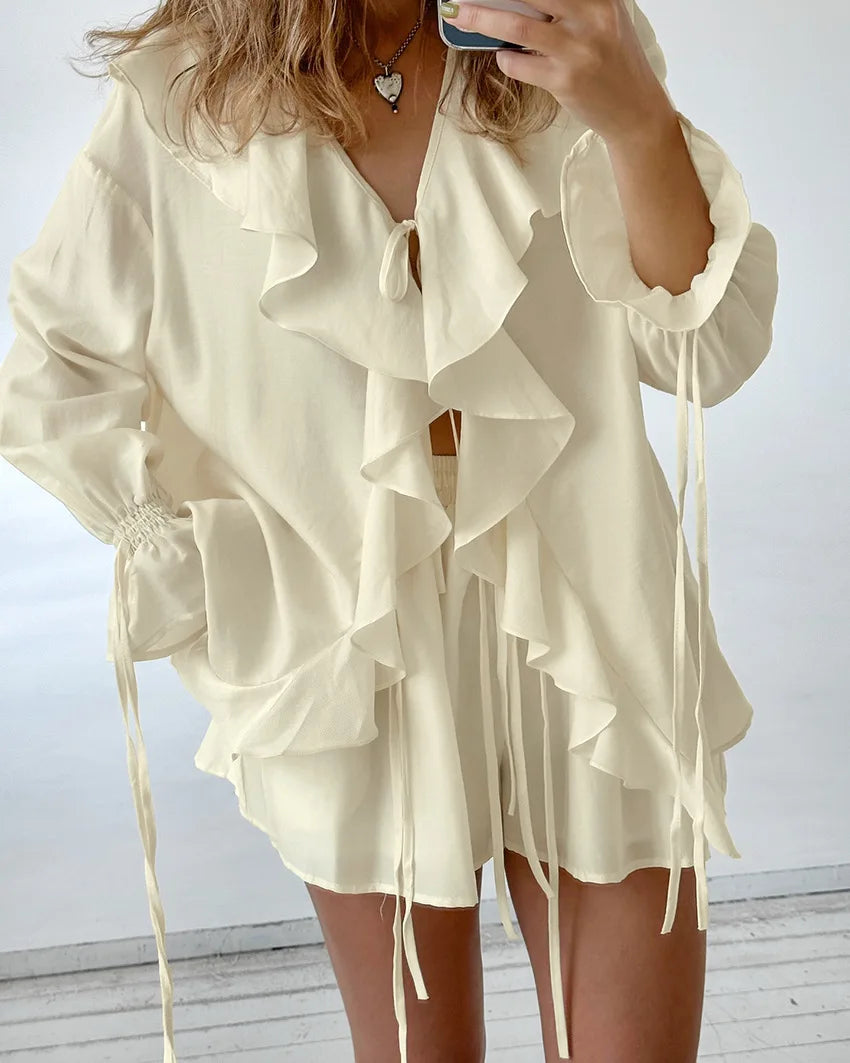 Tuularose New Casual Shorts Two-piece Set Women's Ruffled Loose Tie Top Simple Shorts Set Office Lady Summer Female Shorts Set