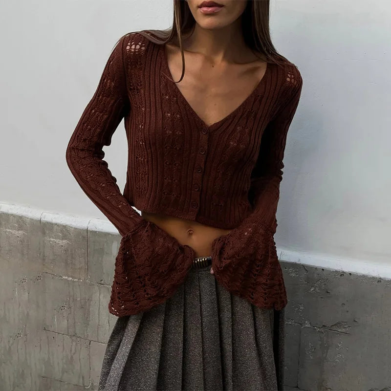 Trendix Summer Knit Long Sleeve Cardigan For Women V Neck Solid Bodycon Hollow Out Short Tops Party Club Slim Vacation Top Femme