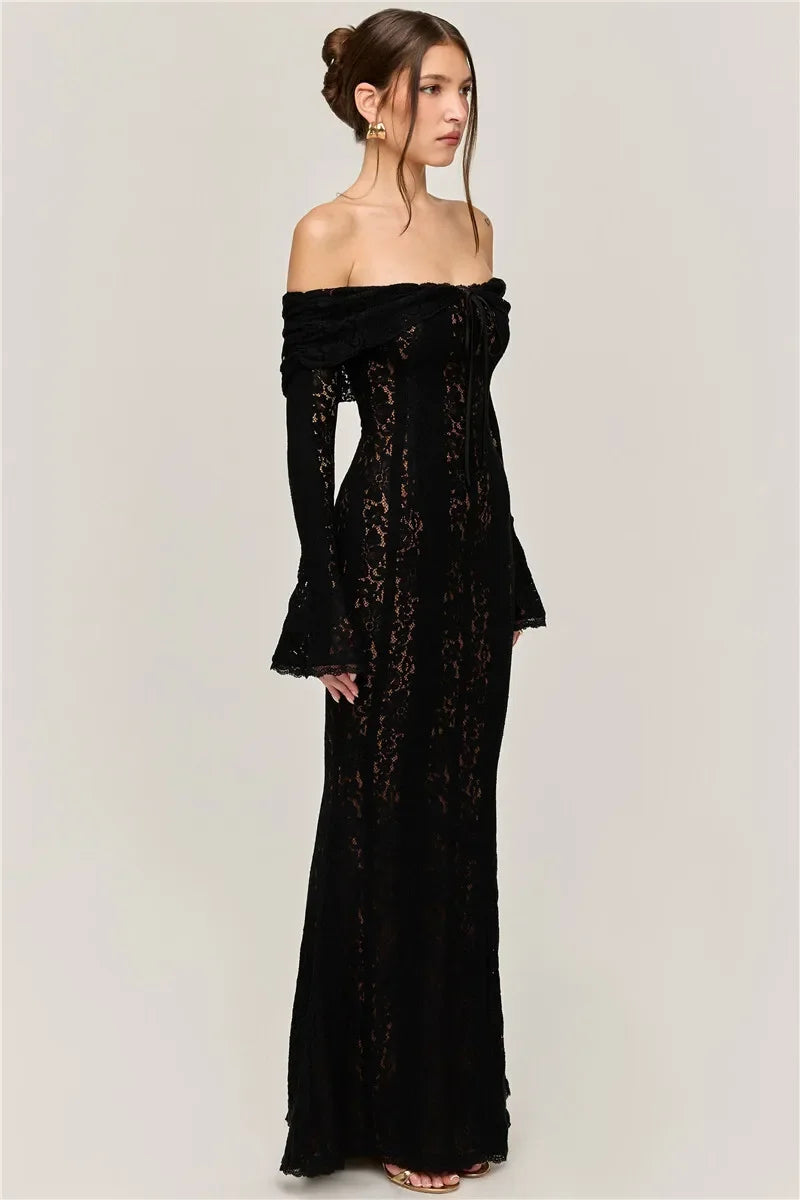 Oligai Winter Lace Long Sleeve Evening Party Dresses Women 2025 Black Sexy Elegant Maxi Dress Fashion Long Wedding Guest Dress