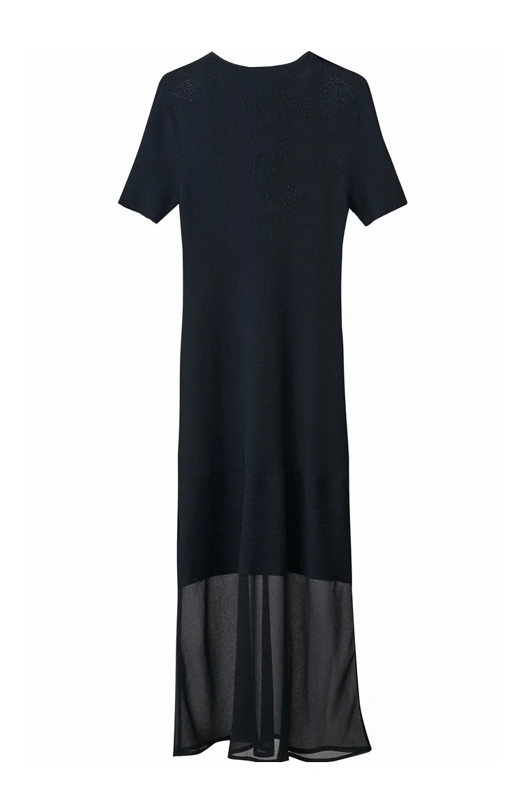 Amii Minimalism 2024 Women's Knitted Dresses Summer New V-neck Spliced Chiffon Short-sleeve Female Slim Fishtail Dress 12442152