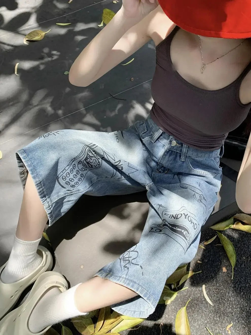 American Style Retro Street Women's Mid-Length Jeans Graffiti Design Loose Straight Cut Shorts Casual Fashionable Denim Shorts