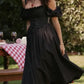 Classic Black One-Shoulder Short-Sleeve Women's Dress Elegant Waist-Cinched Midi Skirt Fashionable Ankle-length Gown