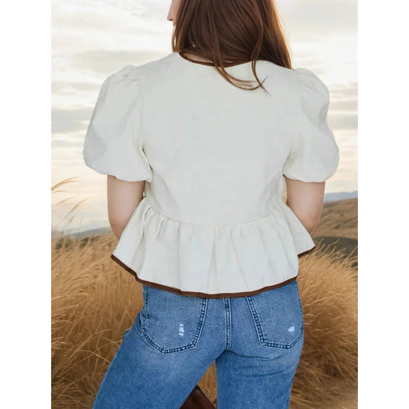 European and american foreign trade women's clothing2025New Women's Retro Bow Design Loose Puff Sleeves Shirt Short Sleeve