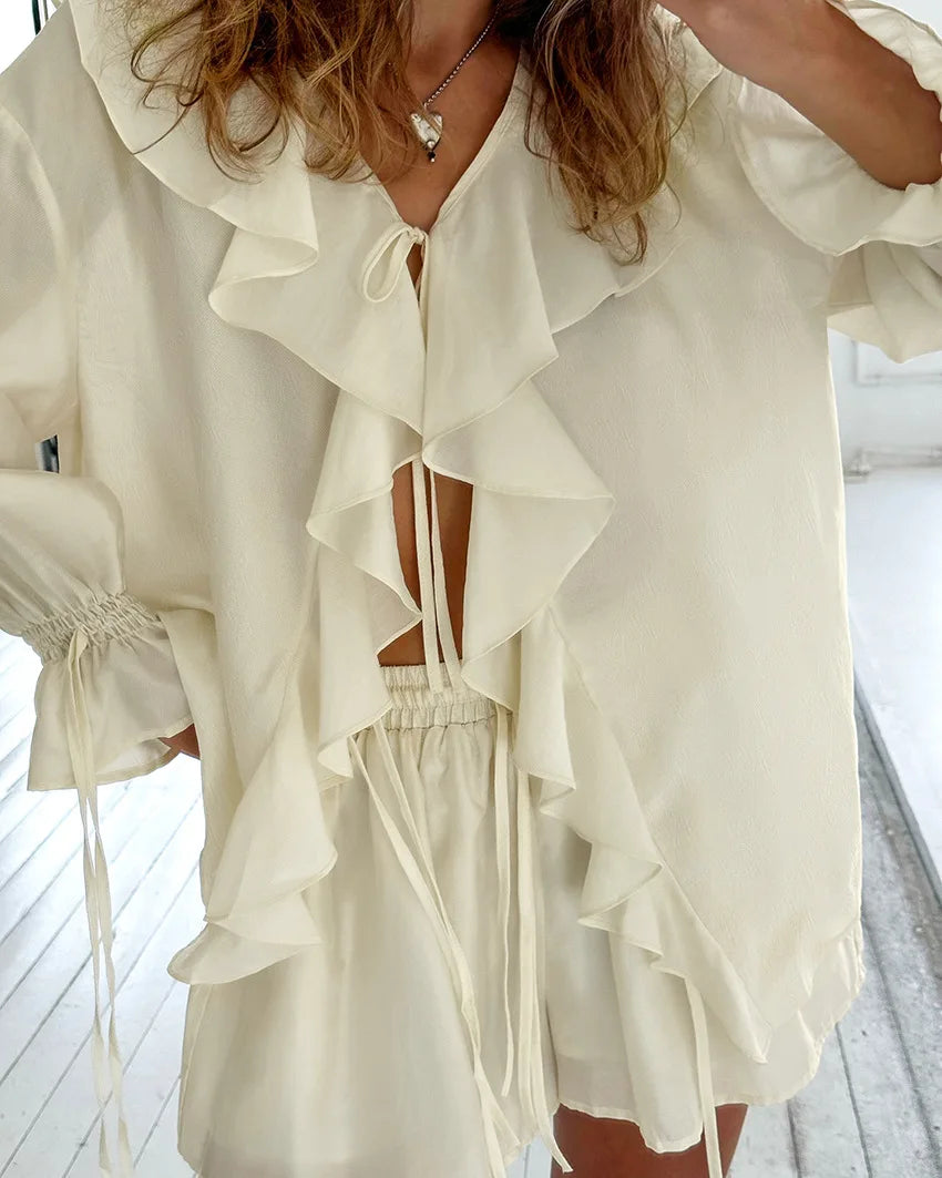 Tuularose New Casual Shorts Two-piece Set Women's Ruffled Loose Tie Top Simple Shorts Set Office Lady Summer Female Shorts Set