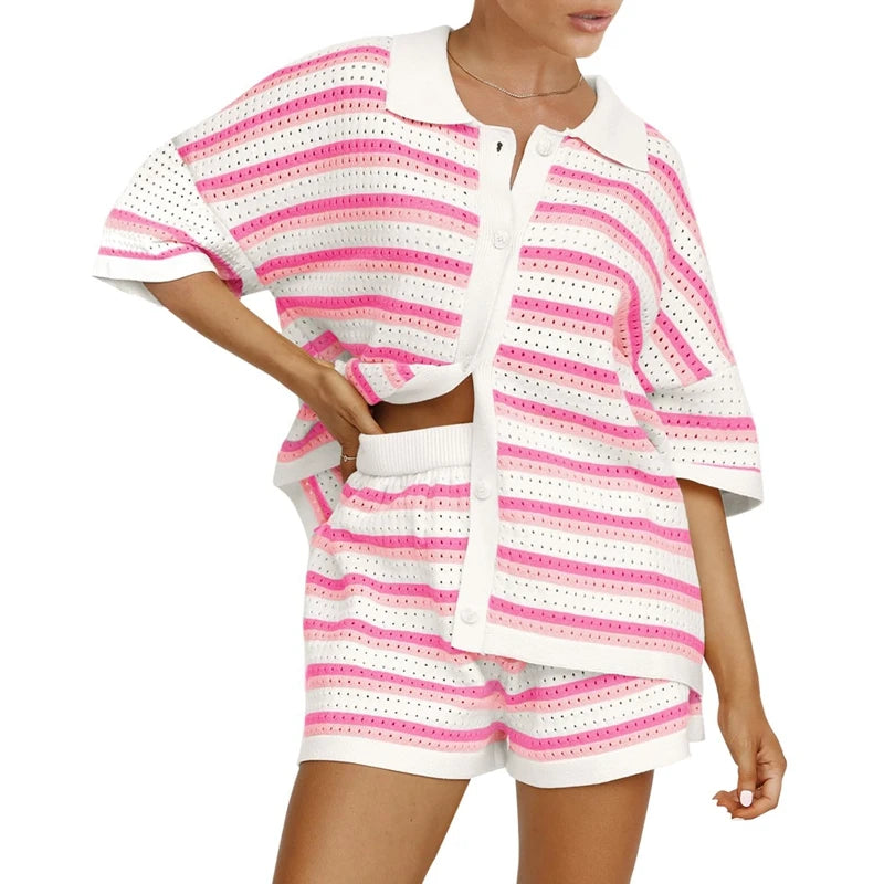 Women Casual 2 Pieces Set Loungewear Matching Suits Stripe Contrast Color Button Crochet Knit Blouse Tops + Shorts Outfits