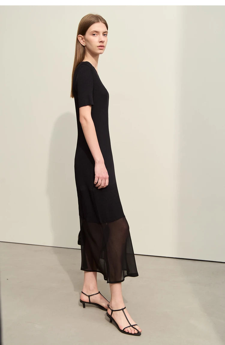 Amii Minimalism 2024 Women's Knitted Dresses Summer New V-neck Spliced Chiffon Short-sleeve Female Slim Fishtail Dress 12442152