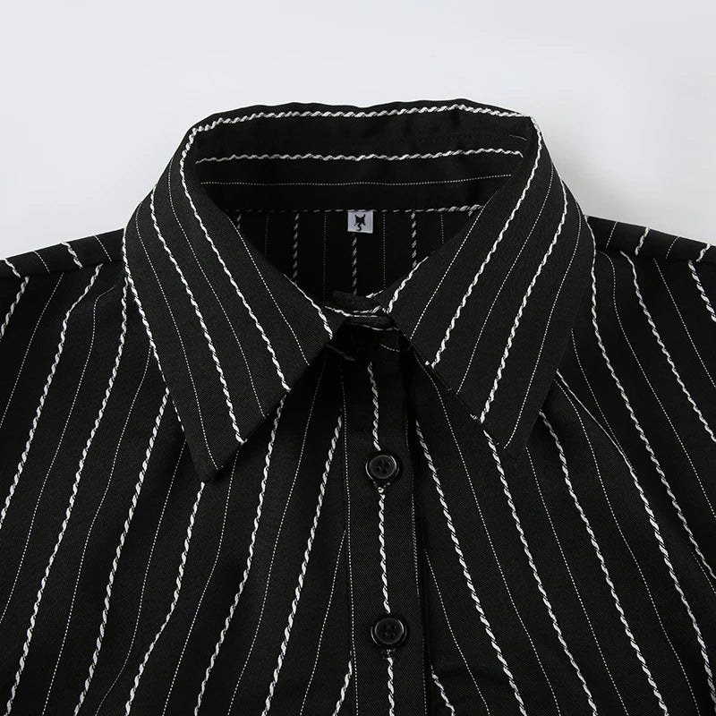 CIBBAR Black Striped Print Blouse Vintage 2000s Button Up Puff Short Sleeve Crop Top Women Korean Fashion T Shirt Streetwear y2k