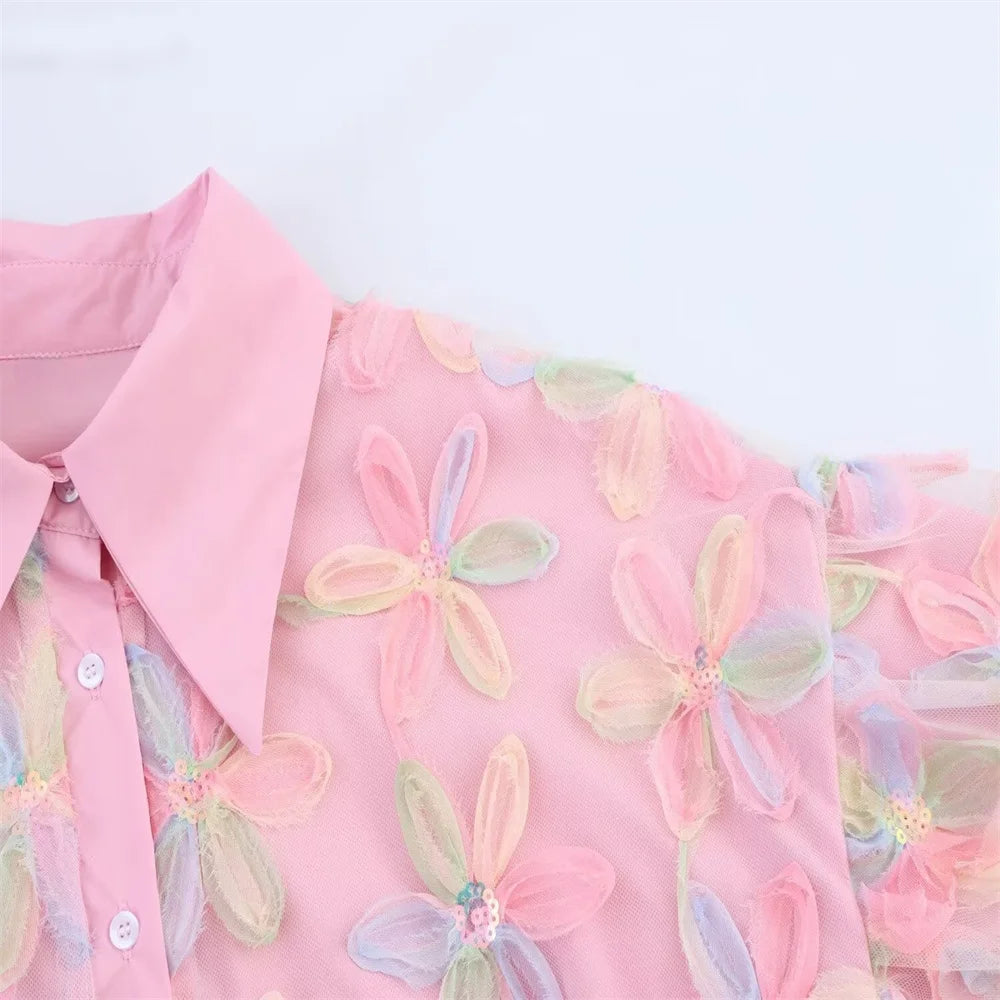 PB&ZA 2025 Women's Pink Short - length Blouse with Colorful Floral Embroidery Puff Sleeves and Collar for a Sweet Look