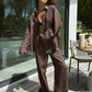 Bornladies Cotton Casual Pants Sets Women's Solid Color Cozy Lapel Long Sleeve Shirt Summer Outfit Elastic Waist Pants Suits