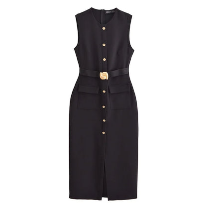 TRAF Women's Black Dress Summer 2025 Sleeveless Elegant Formal Dresses For Women Belt Vest Long Dress Button Casual Dresses