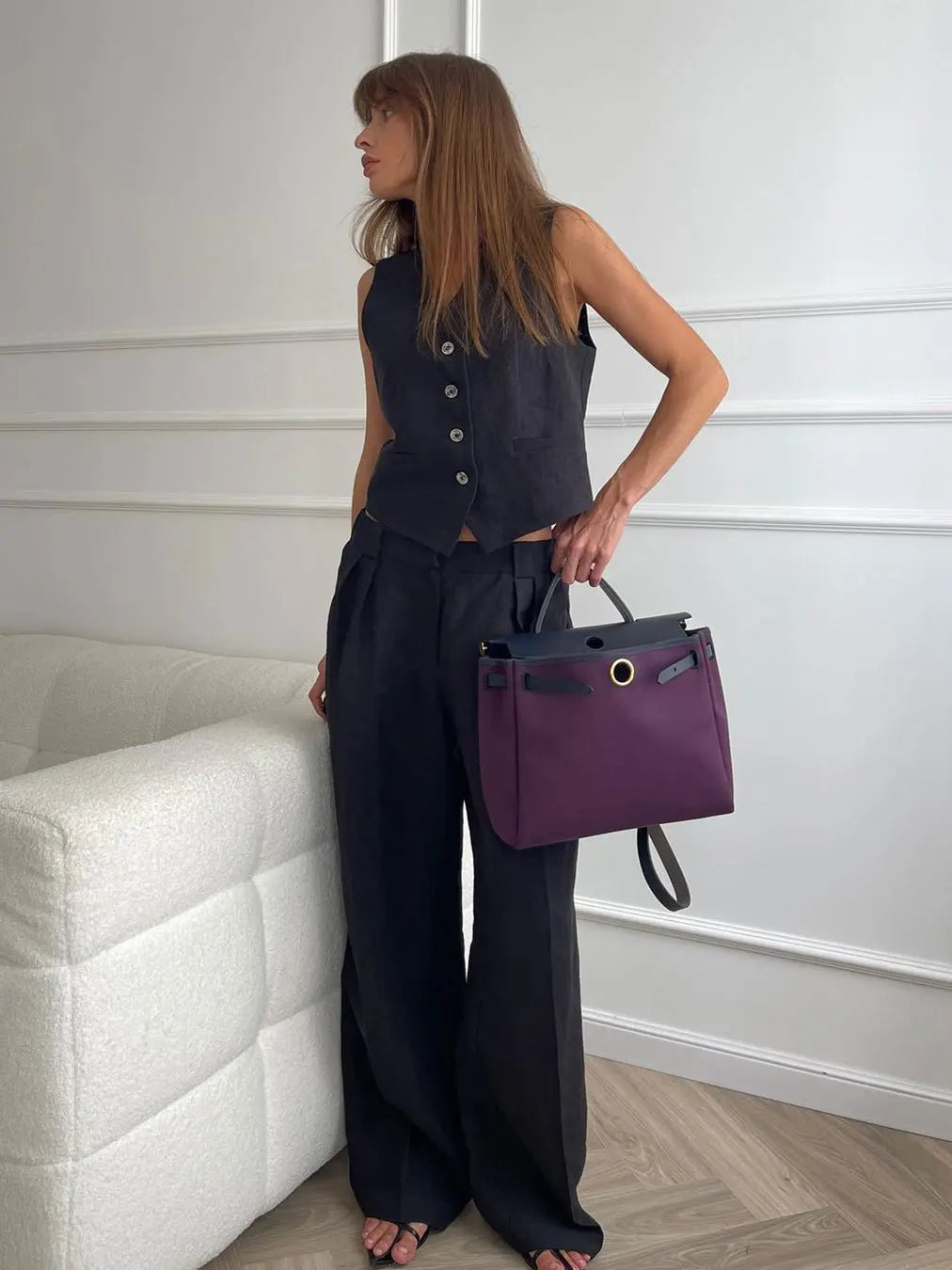 Cotton Linen Blend Vest Wide Leg Pants Suit Spring and Summer Women's Casual Fashion Sleeveless Vest Pleated Low Waist Pants Set
