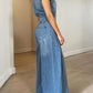 Vintage Loose Denim Wide Leg Pants Jumpsuit Women Pocket Sleeveless Single Breasted Baggy Jean One Piece Rompers Street Overalls