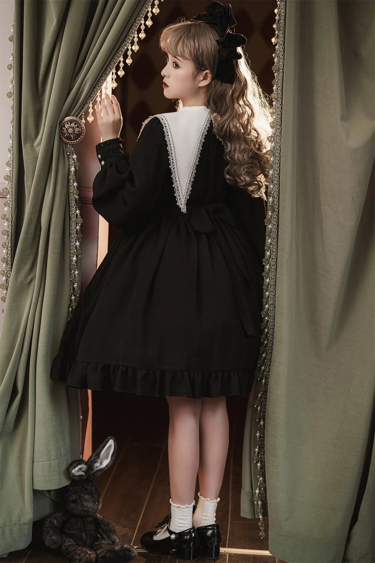 Contract Color Lolita Dress for Women Gothic Style Dark Girl Japanese Retro Op Dress Autumn and Winter Long Sleeve Black Dress