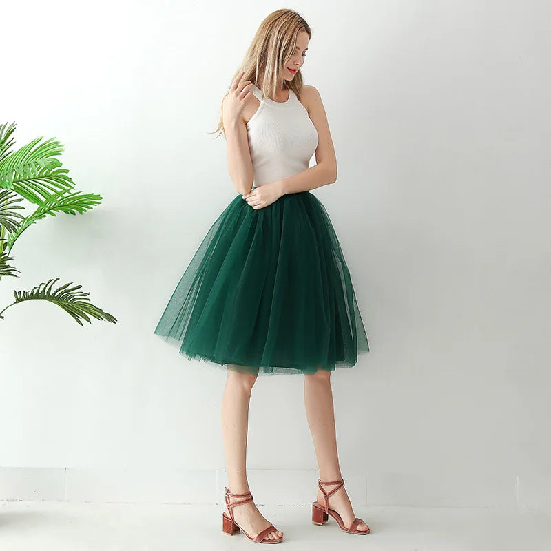 5 Layers 65cm Black Pleated Skirt Sexy Midi Tulle Skirt High Waist Full Lining Adult Tutu Korean Style Women Jupe Femme Faldas