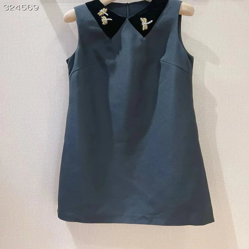 Fyion 2024 New Runway Design Summer Sleeveless Black Dress Women Beading Sexy Ladies Hot Sale Party Knee-Length Vestidos