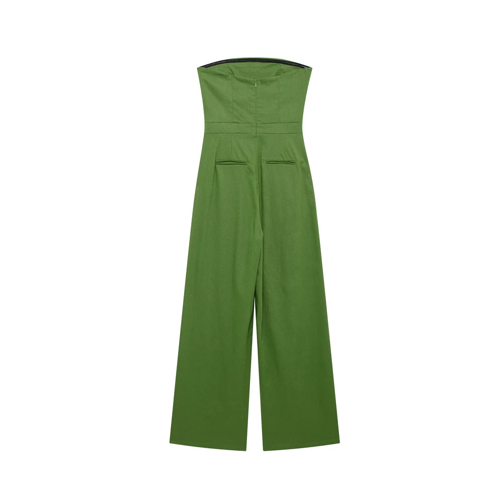 TRZA-Strapless Linen Jumpsuits for Women, Straight Neck, Back Zipper, Female Playsuits, Chic Fashion