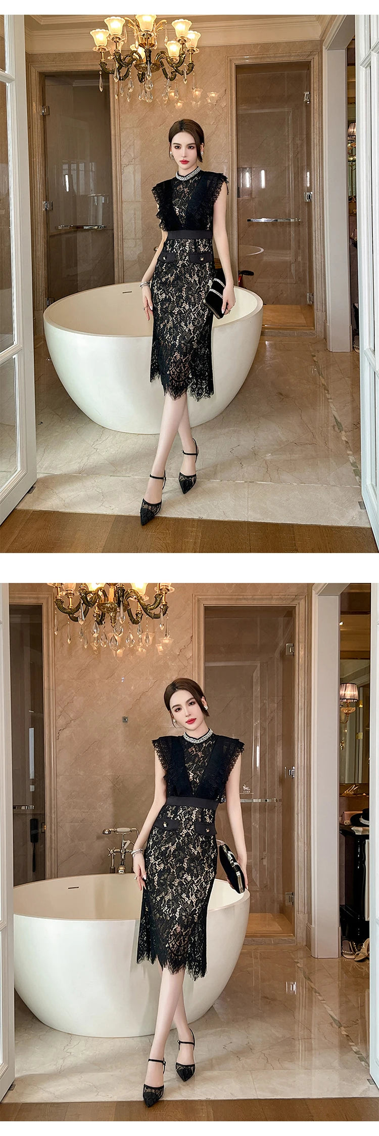 Women's French Noble Elegant Prom Dresses Black Lace Sheer Perspective Diamond High Waist Fishtail Robe Party Banquet Vestidos