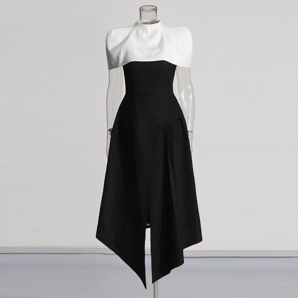 TWOTWINSTYLE Detachable Cloak Elegant Dresses For Women Square Collar Sleeveless High Waist Hit Color Split Dress Female Fashion