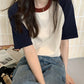 AOSSVIAO Summer Tops for Women Tshirt Turn Down Collar Short Sleeve Beige Blue Chic Y2k Fashion Patchwork 2025 T Shirts