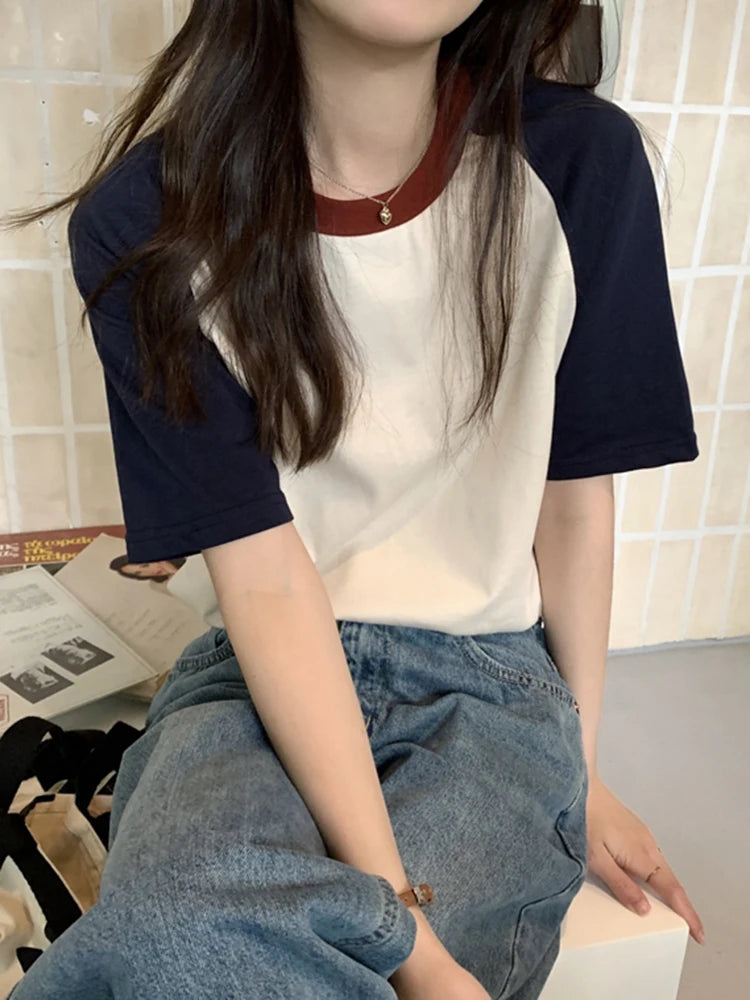 AOSSVIAO Summer Tops for Women Tshirt Turn Down Collar Short Sleeve Beige Blue Chic Y2k Fashion Patchwork 2025 T Shirts
