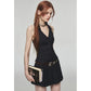 Summer Women Fashion Mini Halter Party Pleated Dress A-line Backless Black Striped V Neck Frocks Sexy Gyaru Y2k Streetwear Prom