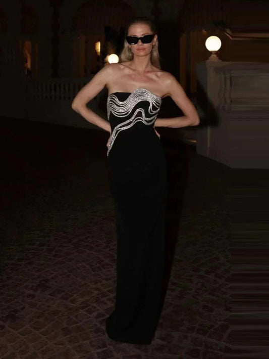 New Women Celebrity Sexy Strapless Backless Diamonds Black Maxi Long Bodycon Bandage Dress 2024 Elegant Evening Club Party Dress